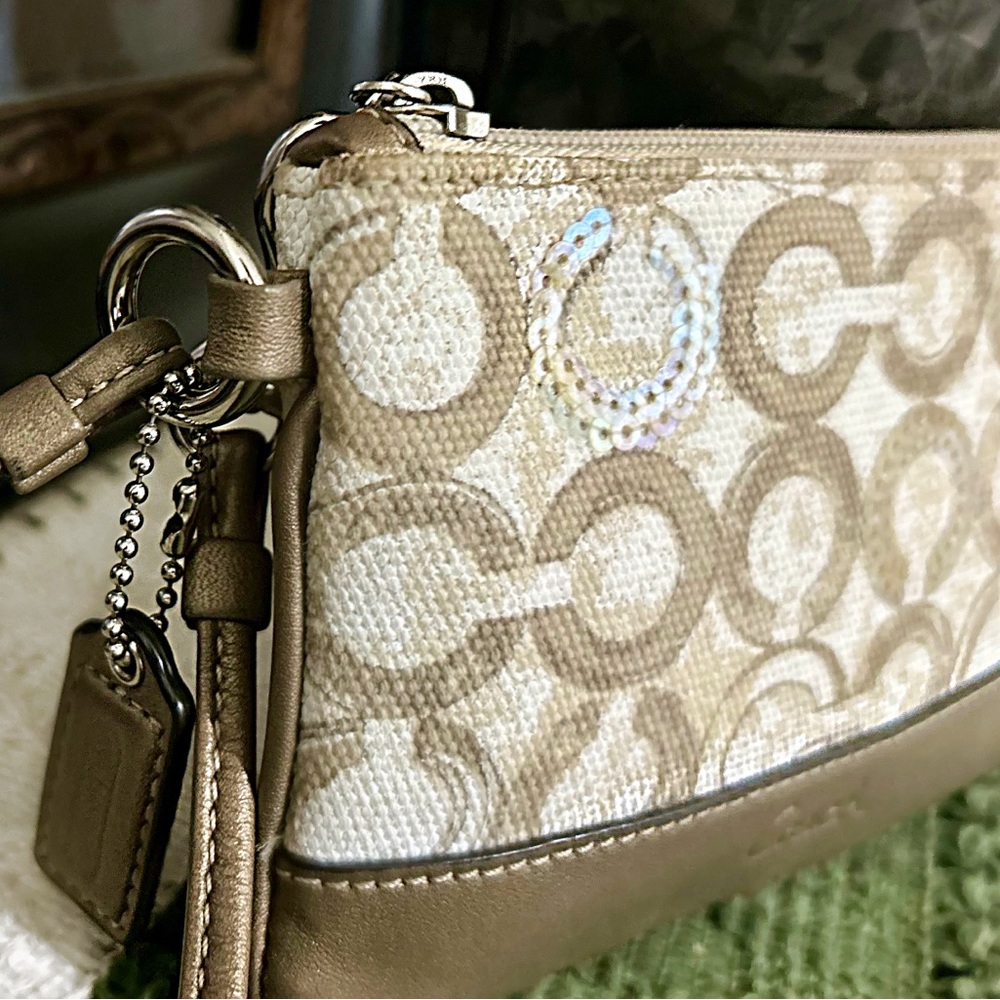 Coach Beige Signature Logo Wristlet with Metallic Accents - Picture 4 of 15